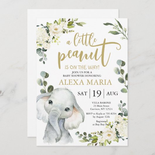 Elephant Greenery Peanut Baby Shower Einladung (Vorne/Hinten)