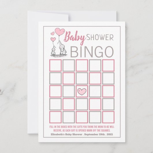 Elephant Hearts Baby Shower Bingo (Vorderseite)