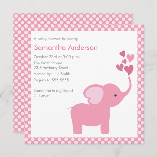 Elephant Hearts Babydusche Einladung - Mädchen (Vorne/Hinten)