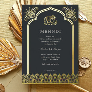 Elephant & Henna Design Muster Indian Mehndi Gold Folieneinladung