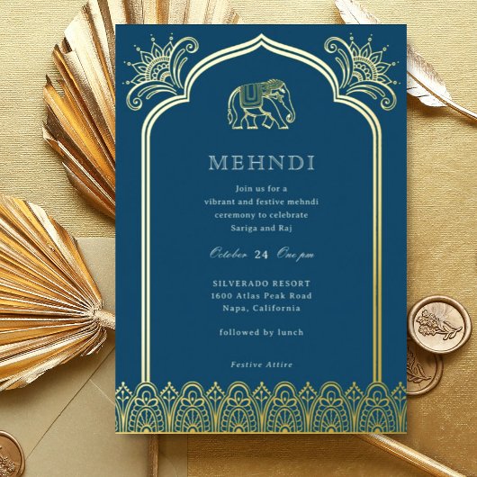 Elephant & Henna Design Muster Indian Mehndi Gold Folieneinladung