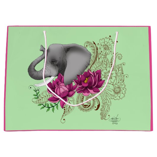 Elephant Henna Lotus Blume Große Geschenktüte (Vorderseite)