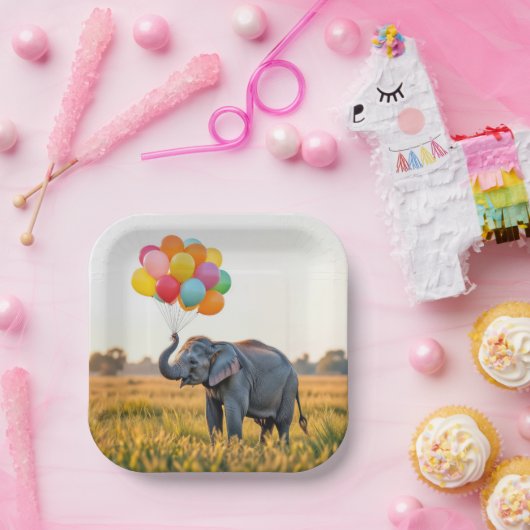 Elephant Holding A Birthday Balloon Bouquet Pappteller (Party)