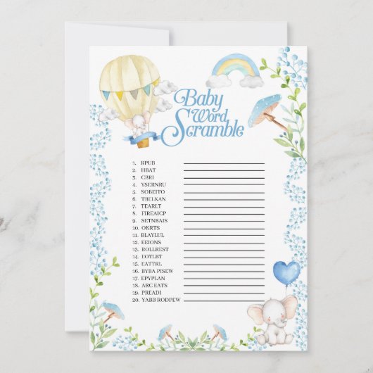Elephant Hot Air Ballon Baby Word Scramble Game Einladung (Vorderseite)