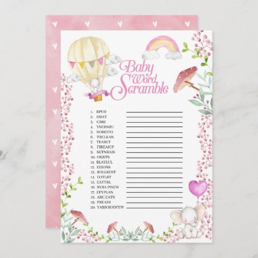 Elephant Hot Air Ballon Baby Word Scramble Game Einladung (Vorne/Hinten)