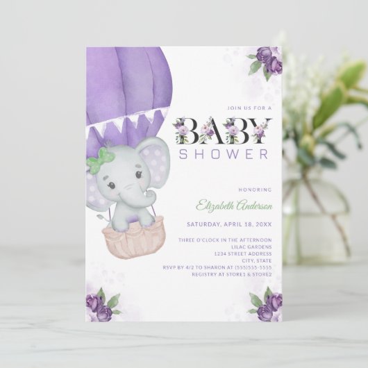Elephant Hot Air Ballon Lila Floral Baby Dusche Einladung (Stehend Vorderseite)