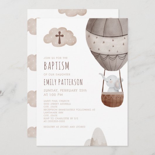 Elephant Hot Air Ballon Taufe Einladung (Vorne/Hinten)