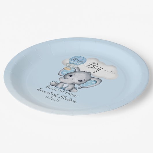 Elephant Hot Air Balloon Baby Boy Dusche Pappteller (Schrägansicht)