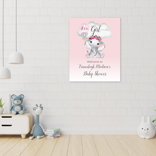 Elephant Hot Air Balloon Baby Girl Willkommen Poster