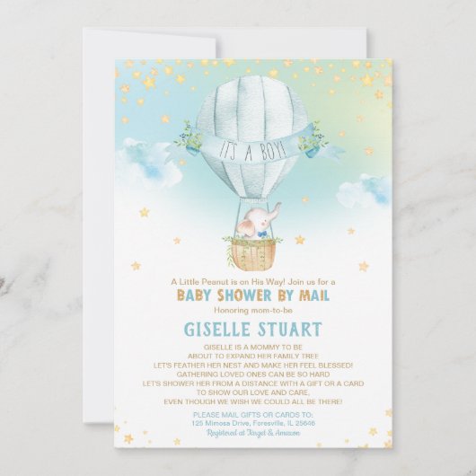 Elephant Hot Air Balloon Baby Shower by Mail Boy Einladung (Vorderseite)