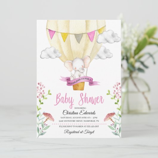 Elephant Hot Air Balloon Baby Shower Einladung (Stehend Vorderseite)