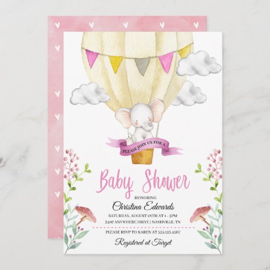 Elephant Hot Air Balloon Baby Shower Einladung (Vorne/Hinten)