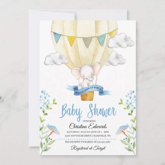 Elephant Hot Air Balloon Baby Shower Einladung (Vorderseite)