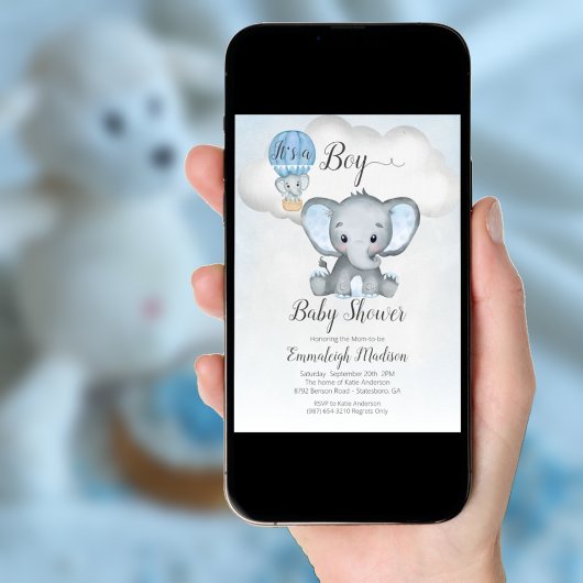 Elephant Hot Air Balloon Babydusche | Blau in Einladung