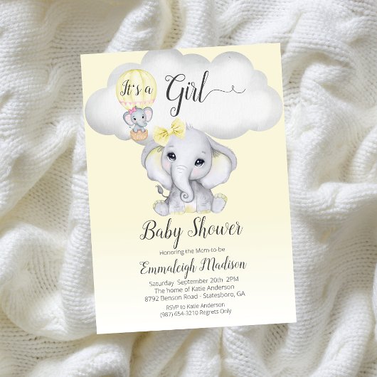 Elephant Hot Air Balloon Girl Baby Shower | Gelb Einladung