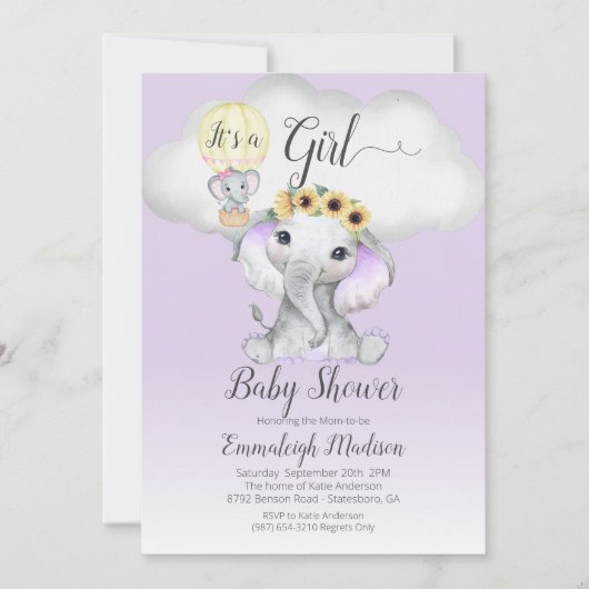 Elephant Hot Air Balloon Girl Baby Shower | LILA Einladung (Vorderseite)