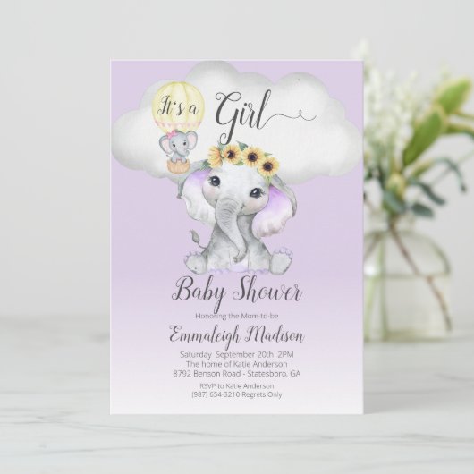 Elephant Hot Air Balloon Girl Baby Shower | LILA Einladung (Stehend Vorderseite)