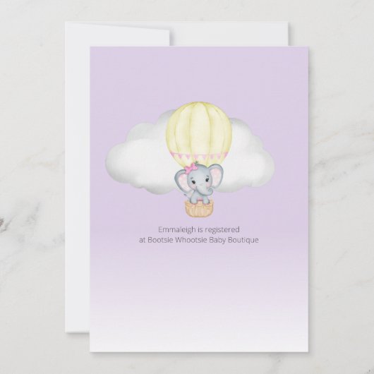 Elephant Hot Air Balloon Girl Baby Shower | LILA Einladung (Rückseite)