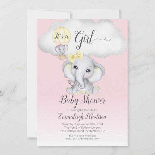 Elephant Hot Air Balloon Girl Baby Shower | Rosa I Einladung (Vorderseite)
