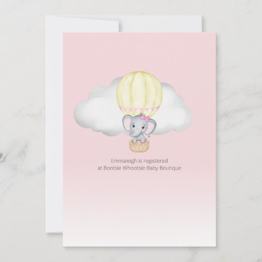 Elephant Hot Air Balloon Girl Baby Shower | Rosa I Einladung (Rückseite)