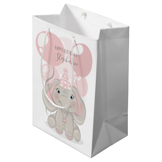 Elephant in Birthday Party Hat Mittlere Geschenktüte (Vorderseite Schrägansicht)
