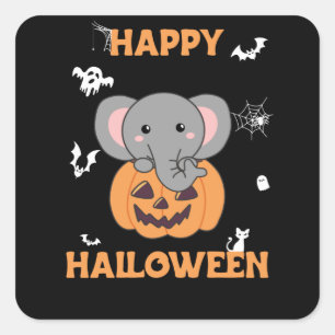 Elephant In Pumpkin Cute Elephant Happy Halloween Quadratischer Aufkleber