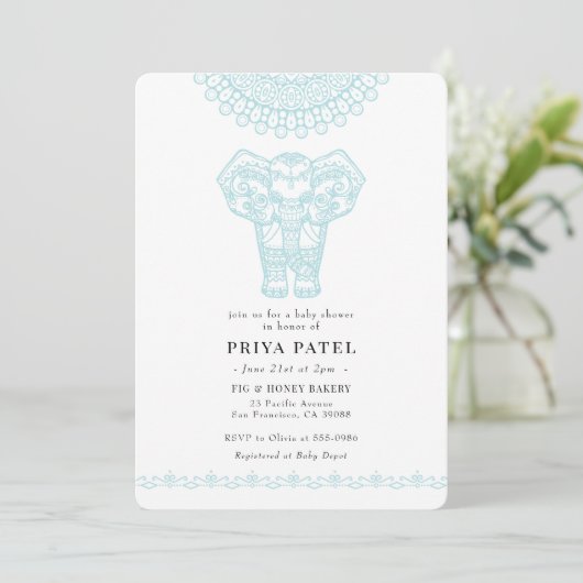 Elephant Indian Blue Baby Shower Einladung (Stehend Vorderseite)