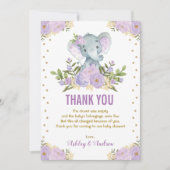 Elephant Lavender Lila Gold Floral Baby Dusche Dankeskarte (Vorderseite)