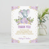 Elephant Lavender Lila Gold Floral Baby Dusche Dankeskarte (Stehend Vorderseite)