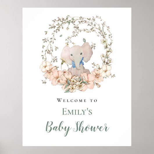 Elephant Leaf Frame Welcome Boy Baby Dusche Poster (Vorne)