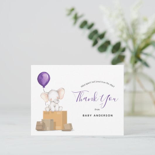 Elephant Lila Baby Dusche by Mail Vielen Dank Postkarte (Stehend Vorderseite)