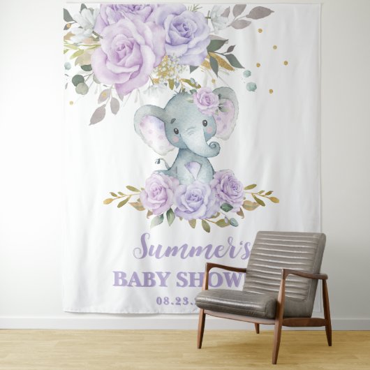 Elephant Lila Lilac Floral Baby Dusche Hintergrund Wandteppich (Beispiel)