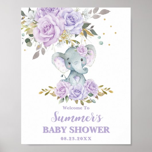 Elephant Lila Lilac Floral Baby Dusche Willkommen Poster (Vorne)
