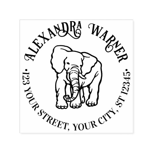 Elephant Line Art Round Name Rücksendeadresse Permastempel (Design)