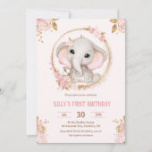 Elephant Little Peanut Pink Girl 1. Geburtstag Einladung (Vorderseite)
