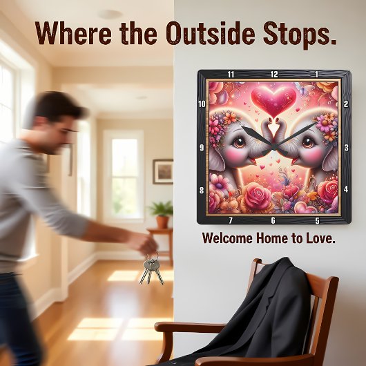 Elephant Love Heart Pink Quadratische Wanduhr