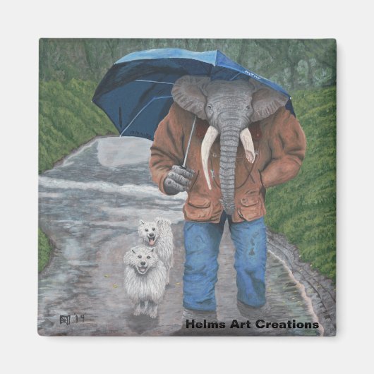 Elephant Man Dog Walking Fantasy Art Button Magnet (Vorne)