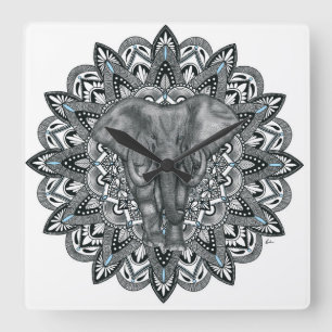 Elephant mandala Wall Clock Quadratische Wanduhr