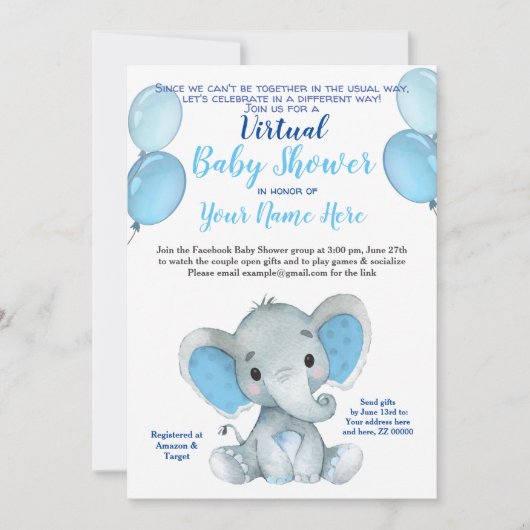 Elephant Mask Virtual Shower Baby Boy Einladung (Vorderseite)