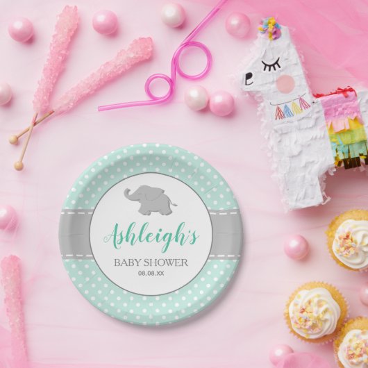 Elephant Mint Green Gray Polka Dot Baby Dusche Pappteller (Party)