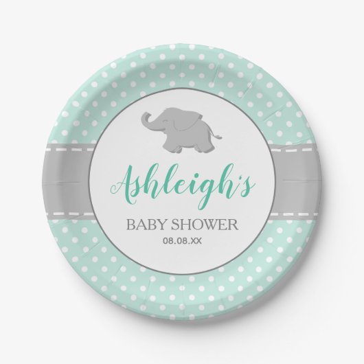 Elephant Mint Green Gray Polka Dot Baby Dusche Pappteller (Vorderseite)