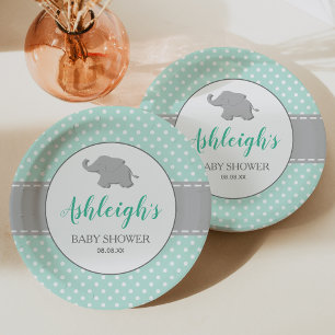 Elephant Mint Green Gray Polka Dot Baby Dusche Pappteller