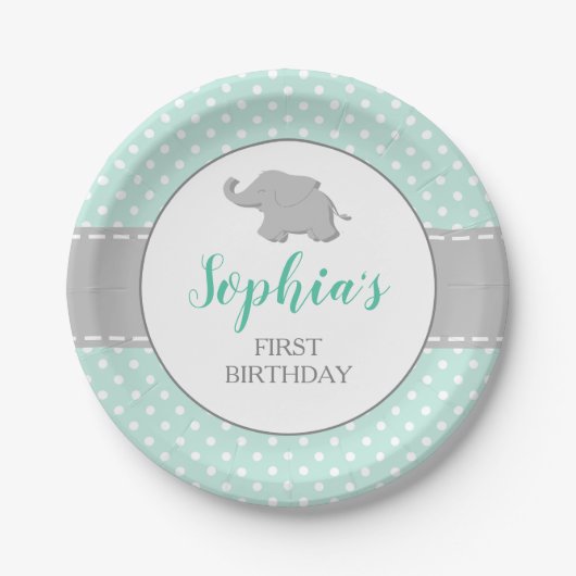 Elephant Mint Green Polka Dot 1. Geburtstag Party Pappteller (Vorderseite)