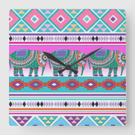 Elephant mit Azteken-Muster Quadratische Wanduhr