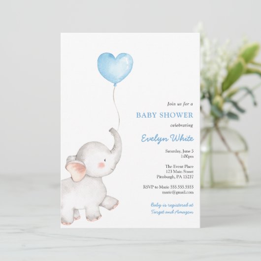 Elephant mit Blue Balloon Baby Dusche Einladung (Stehend Vorderseite)