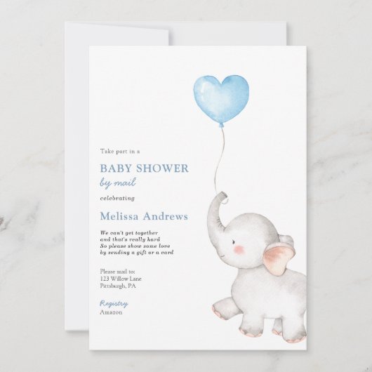 Elephant mit Blue Balloon Baby Shower by Mail Einladung (Vorderseite)