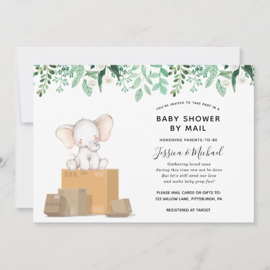 Elephant mit Greenery Baby Shower by Mail Einladung (Vorderseite)