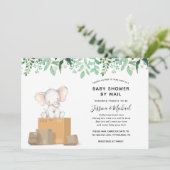 Elephant mit Greenery Baby Shower by Mail Einladung (Stehend Vorderseite)