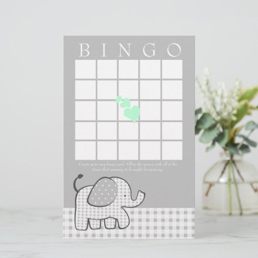 Elephant mit Mint Green Hearts Gingham Bingo Card (Stehend Vorderseite)