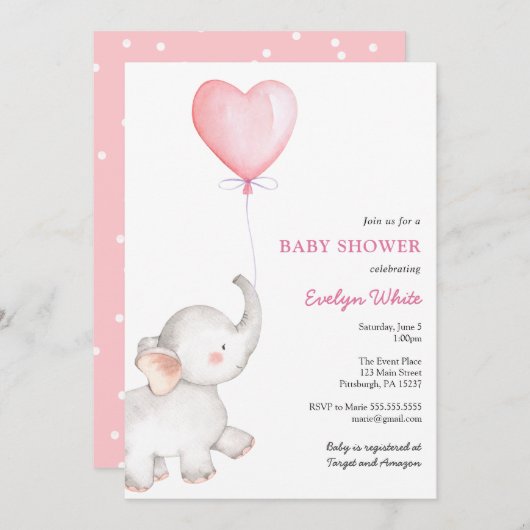 Elephant mit Pink Balloon Baby Dusche Einladung (Vorne/Hinten)